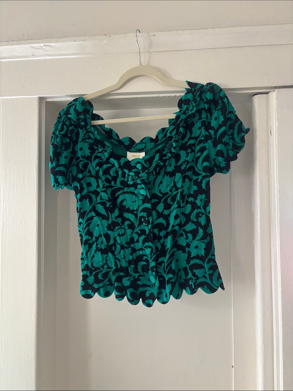 Maeve Teal & Black Floral Scalloped Puff-Sleeve Blouse